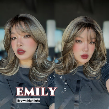 JBEXTENSION 18 Inches Scalpiana Curly Brown Highlight 3.5X4 Hard Silky Top Natural Scalp Effect Wig with Bangs EMILY BROWN HIGHLIGHT