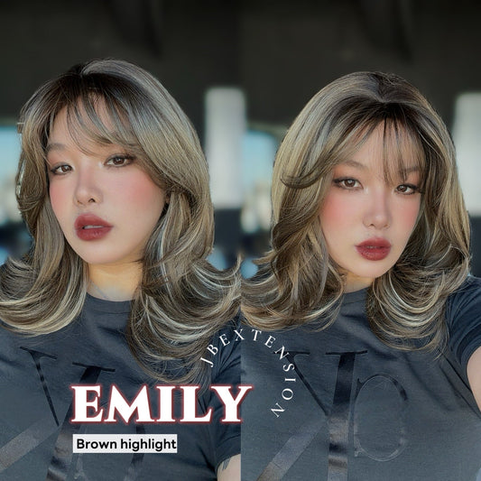 JBEXTENSION 18 Inches Scalpiana Curly Brown Highlight 3.5X4 Hard Silky Top Natural Scalp Effect Wig with Bangs EMILY BROWN HIGHLIGHT
