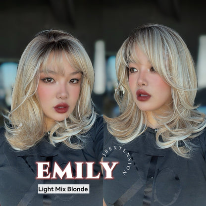 JBEXTENSION 18 Inches Scalpiana Curly Light Mix Blonde 3.5X4 Hard Silky Top Natural Scalp Effect Wig with Bangs EMILY LIGHT MIX BLONDE
