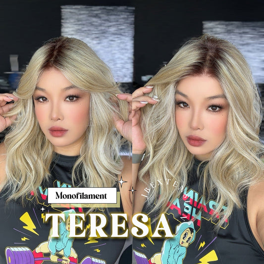 JBEXTENSION TERESA MONO 16INCH Monofilament Handmade Wig 6X5 Full Monofilament Hand Tied Top Wig 16 Inches Mix Blonde Curly Mono Lace Wig With Anti-slip Silicone Strips Glueless Wig TERESA MONO【BENDY EAR TABS】