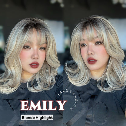 JBEXTENSION 18 Inches Scalpiana Curly Blonde Highlight 3.5X4 Hard Silky Top Natural Scalp Effect Wig with Bangs EMILY BLONDE HIGHLIGHT