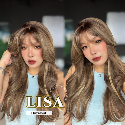 JBEXTENSION 26 Inches Scalpiana Long Curly Hazelnut 3.5X4 Hard Silky Top Natural Scalp Effect Wig with Bangs LISA HAZELNUT
