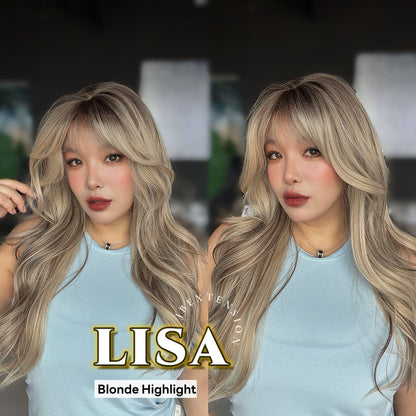 JBEXTENSION 26 Inches Scalpiana Long Curly Blonde Highlight 3.5X4 Hard Silky Top Natural Scalp Effect Wig with Bangs LISA BLONDE HIGHLIGHT