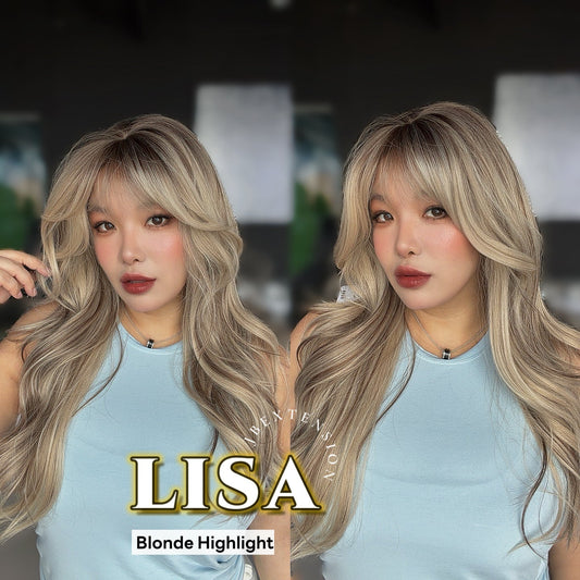 JBEXTENSION 26 Inches Scalpiana Long Curly Blonde Highlight 3.5X4 Hard Silky Top Natural Scalp Effect Wig with Bangs LISA BLONDE HIGHLIGHT