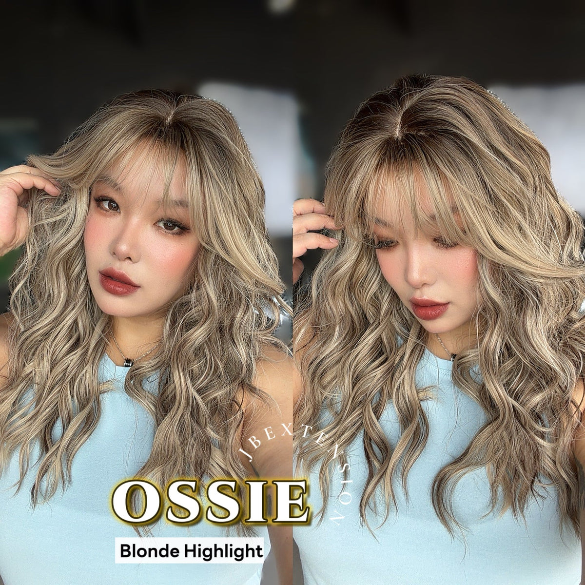 JBEXTENSION 22 Inches Scalpiana Long Wave Blonde Highlight 3.5X4 Hard Silky Top Natural Scalp Effect Wig with Bangs OSSIE BLONDE HIGHLIGHT