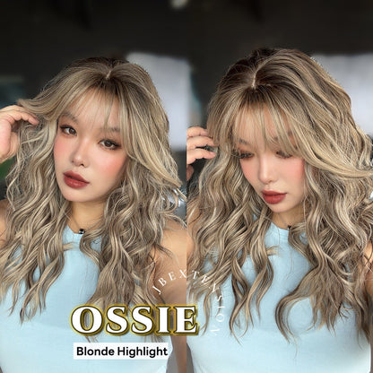 JBEXTENSION 22 Inches Scalpiana Long Wave Blonde Highlight 3.5X4 Hard Silky Top Natural Scalp Effect Wig with Bangs OSSIE BLONDE HIGHLIGHT