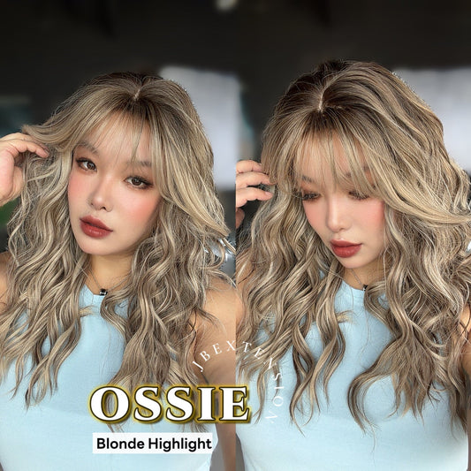 JBEXTENSION 22 Inches Scalpiana Long Wave Blonde Highlight 3.5X4 Hard Silky Top Natural Scalp Effect Wig with Bangs OSSIE BLONDE HIGHLIGHT