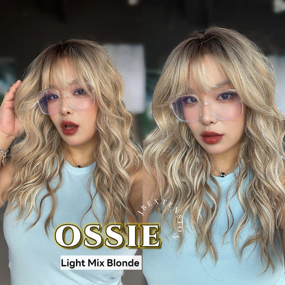 JBEXTENSION 22 Inches Scalpiana Long Wave Light Mix Blonde 3.5X4 Hard Silky Top Natural Scalp Effect Wig with Bangs OSSIE LIGHT MIX BLONDE