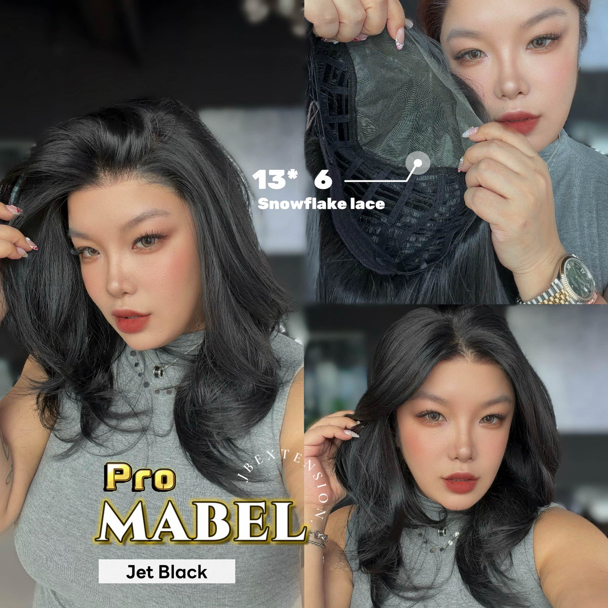 JBEXTENSION 20 Inches Jet Black Pre-Cut 13X6 Free Part Snowflake Lace Frontlace Glueless Wig MABEL PRO - JET BLACK【BENDY EAR TABS】