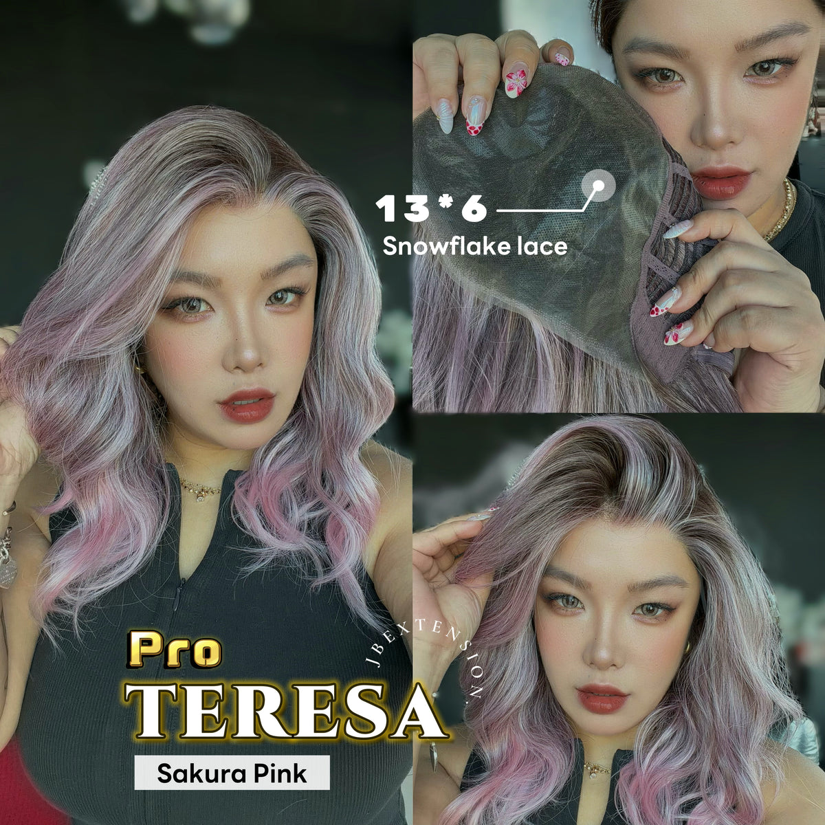 JBEXTENSION 18 Inches Sakura Pink Pre-Cut 13X6 Free Part Snowflake Lace Frontlace Glueless Wig TERESA PRO - SAKURA PINK【BENDY EAR TABS】