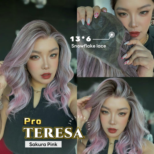 JBEXTENSION 18 Inches Sakura Pink Pre-Cut 13X6 Free Part Snowflake Lace Frontlace Glueless Wig TERESA PRO - SAKURA PINK【BENDY EAR TABS】