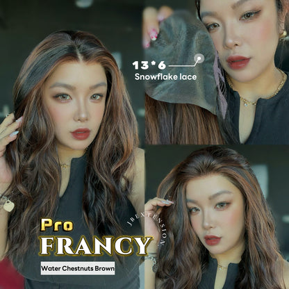 JBEXTENSION 24 Inches Long Wave Water Chestnut Brown Pre-Cut 13X6 Free Part Snowflake Lace Frontlace Glueless Wig FRANCY PRO - WATER CHESTNUT BROWN【BENDY EAR TABS】