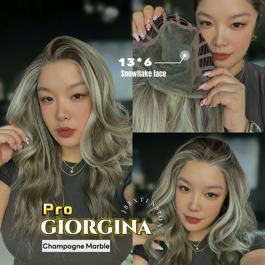 JBEXTENSION 21 Inches Champagne Marble Curly Pre-Cut 13X6 Free Part Snowflake Lace Frontlace Glueless Wig GIORGINA PRO - CHAMPAGNE MARBLE【BENDY EAR TABS】
