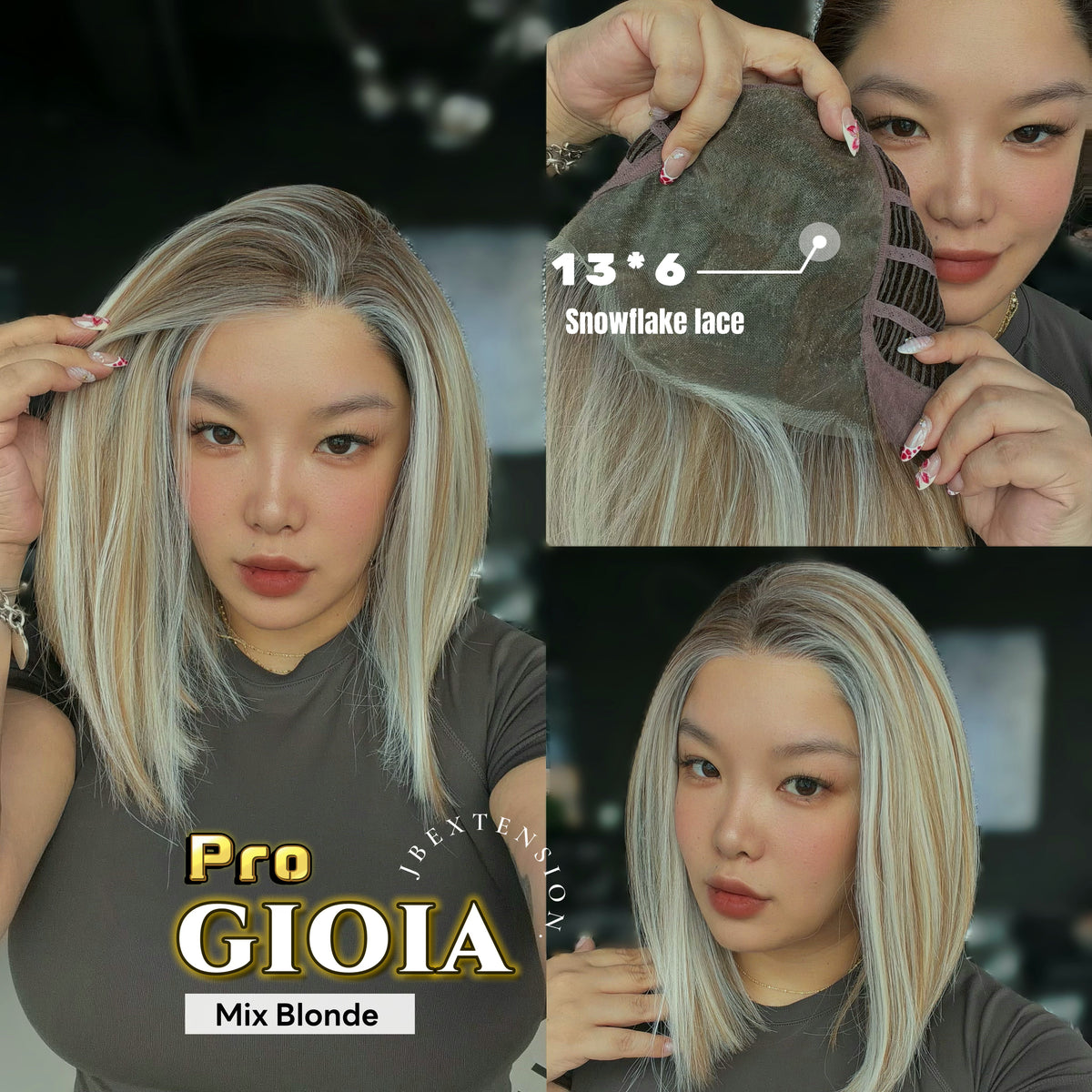 JBEXTENSION 14 Inches Mix Blonde Pre-Cut 13X6 Free Part Snowflake Lace Frontlace Bob Cut Glueless Wig GIOIA PRO - MIX BLONDE【BENDY EAR TABS】
