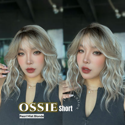 JBEXTENSION 14 Inches Scalpiana Wave Pearl Mist Blonde 3.5X4 Hard Silky Top Natural Scalp Effect Wig with Bangs OSSIE SHORT - PEARL MIST BLONDE