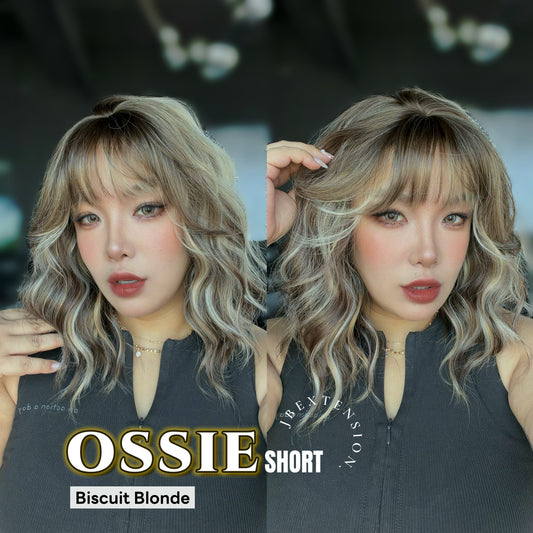 JBEXTENSION 14 Inches Scalpiana Wave Biscuit Blonde 3.5X4 Hard Silky Top Natural Scalp Effect Wig with Bangs OSSIE SHORT - BISCUIT BLONDE
