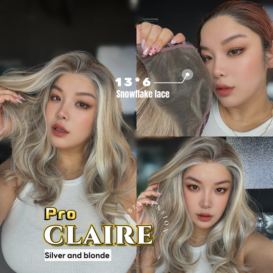 JBEXTENSION 22 Inches Silver Sand Blonde Curly Pre-Cut 13X6 Free Part Snowflake Lace Frontlace Glueless Wig CLAIRE PRO - SILVER SAND BLONDE【BENDY EAR TABS】