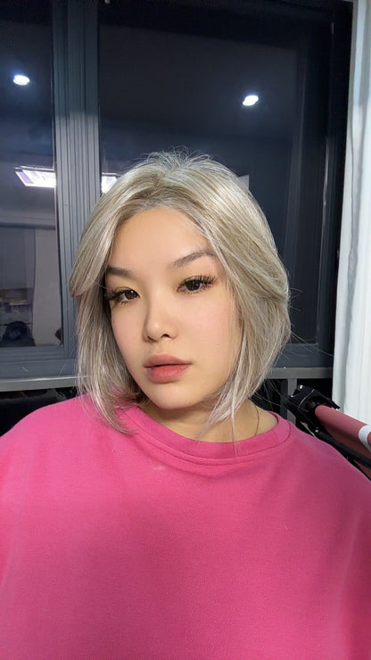 JBEXTENSION 12 Inches Bob Cut Cream Blonde Pre-Cut Snowflake Lace Frontlace Glueless Wig KHLOE CREAM BLONDE【PERMATEASE】【BENDY EAR TABS】- S/M