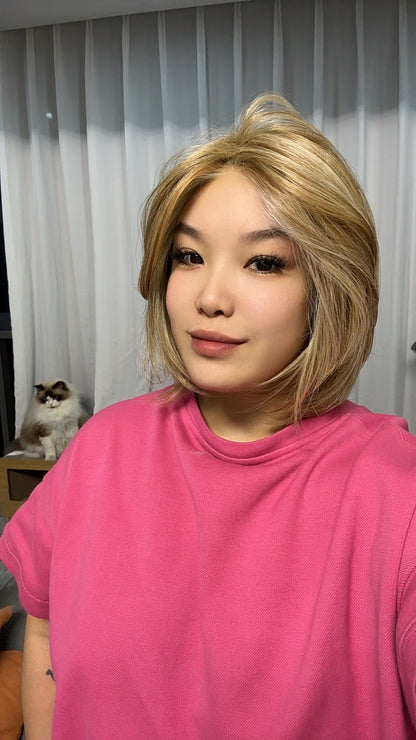 JBEXTENSION 12 Inches Bob Cut Honey Blonde Pre-Cut Snowflake Lace Frontlace Glueless Wig KHLOE HONEY BLONDE【PERMATEASE】【BENDY EAR TABS】- M/L