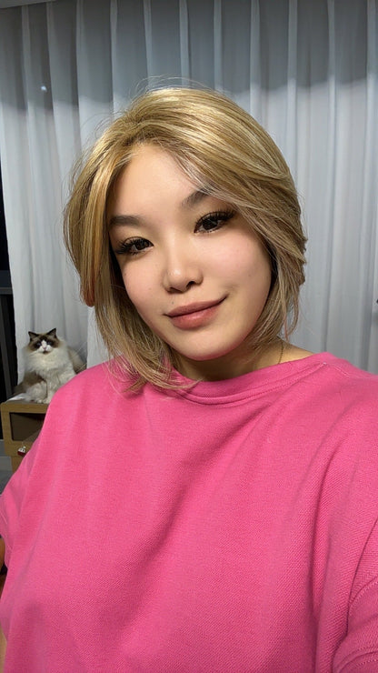 JBEXTENSION 12 Inches Bob Cut Honey Blonde Pre-Cut Snowflake Lace Frontlace Glueless Wig KHLOE HONEY BLONDE【PERMATEASE】【BENDY EAR TABS】- M/L