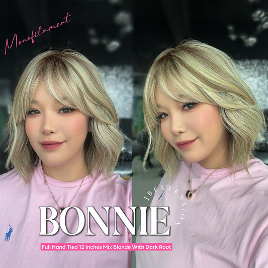 HOT OF SEASON - BONNIE MONO Full Monofilament Handmade Full Lace Full Hand Tied Wig 12 Inches Mix Blonde With Dark Root Mono Lace Handmade Futura Fiber Glueless Wig BONNIE MONO MIX BLONDE【BENDY EAR TABS】