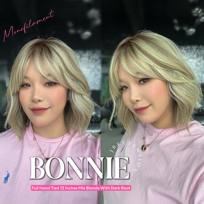 JBEXTENSION BONNIE MONO Full Monofilament Handmade Full Lace Full Hand Tied Wig 12 Inches Mix Blonde With Dark Root Mono Lace Handmade Futura Fiber Glueless Wig BONNIE MONO MIX BLONDE【BENDY EAR TABS】