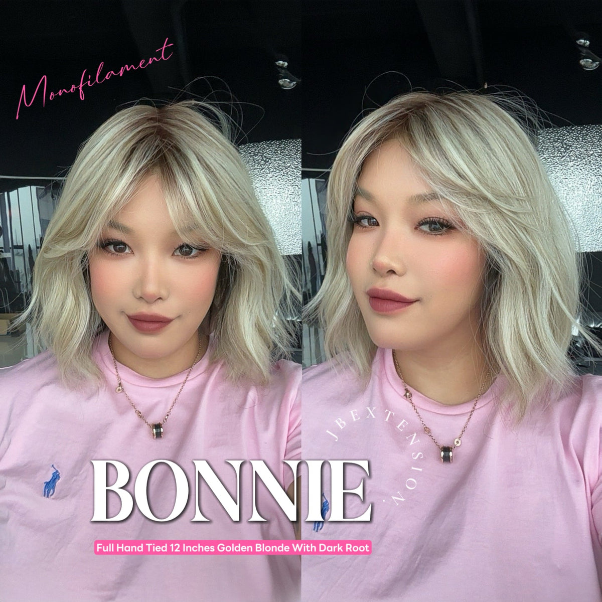 JBEXTENSION BONNIE MONO Full Monofilament Handmade Full Lace Full Hand Tied Wig 12 Inches Golden Blonde With Dark Root Mono Lace Handmade Futura Fiber Glueless Wig BONNIE MONO GOLDEN BLONDE【BENDY EAR TABS】