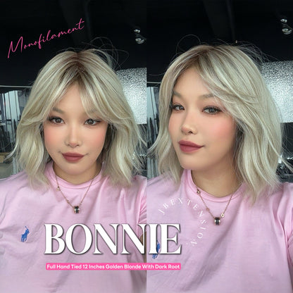 JBEXTENSION BONNIE MONO Full Monofilament Handmade Full Lace Full Hand Tied Wig 12 Inches Golden Blonde With Dark Root Mono Lace Handmade Futura Fiber Glueless Wig BONNIE MONO GOLDEN BLONDE【BENDY EAR TABS】