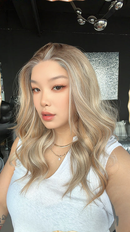 JBEXTENSION IRENE MONO Monofilament Handmade Wig 6X5 Full Monofilament Hand Tied Top Wig 19 Inches Silver Sand Blonde Curly Mono Lace Wig with Anti-slip Silicone Strips Glueless Wig IRENE MONO - SILVER SAND BLONDE【BENDY EAR TABS】