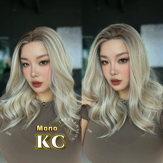 JBEXTENSION KC MONO Monofilament Handmade Wig 6X5 Full Monofilament Hand Tied Top Wig 18 Inches Curly Mix Blonde Mono Lace Wig with Anti-slip Silicone Strips Glueless Wig KC MONO【BENDY EAR TABS】