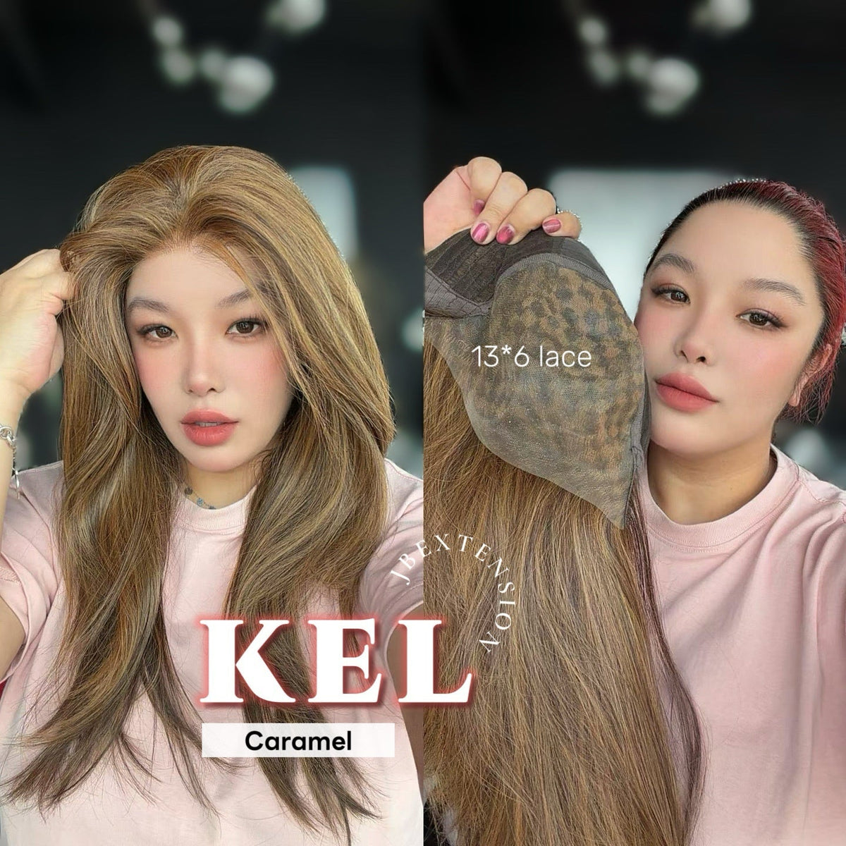 JBEXTENSION 22 Inches Caramel Pre-Cut 13X6 Free Part Snowflake Lace Frontlace Glueless Wig KEL PRO - CARAMEL【BENDY EAR TABS】