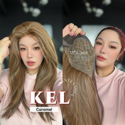 JBEXTENSION 22 Inches Caramel Pre-Cut 13X6 Free Part Snowflake Lace Frontlace Glueless Wig KEL PRO - CARAMEL【BENDY EAR TABS】