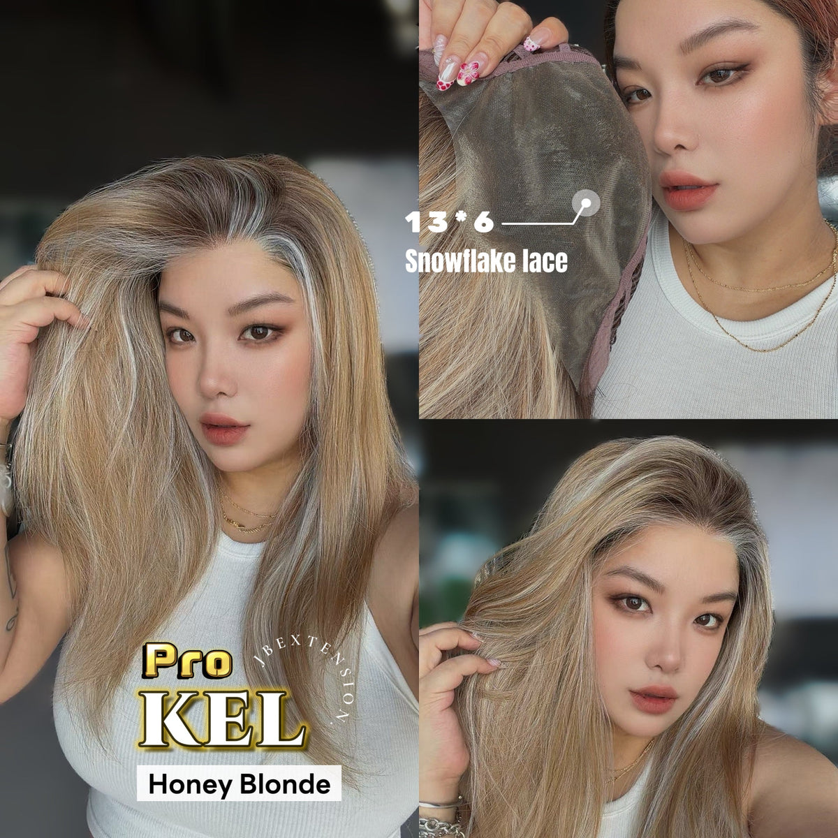 JBEXTENSION 22 Inches Honey Blonde Pre-Cut 13X6 Free Part Snowflake Lace Frontlace Glueless Wig KEL PRO - HONEY BLONDE【BENDY EAR TABS】