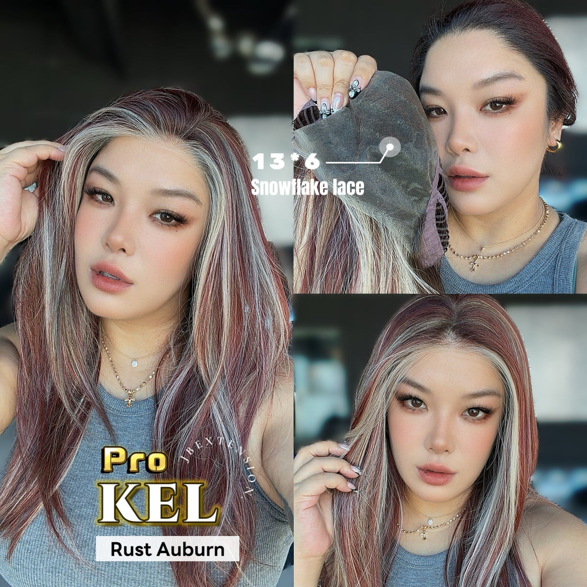 JBEXTENSION 22 Inches Rust Auburn Pre-Cut 13X6 Free Part Snowflake Lace Frontlace Glueless Wig KEL PRO - RUST AUBURN【BENDY EAR TABS】