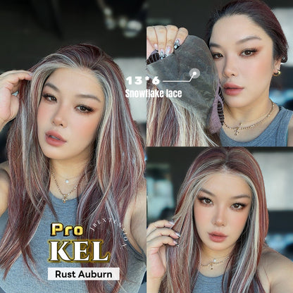 JBEXTENSION 22 Inches Rust Auburn Pre-Cut 13X6 Free Part Snowflake Lace Frontlace Glueless Wig KEL PRO - RUST AUBURN【BENDY EAR TABS】