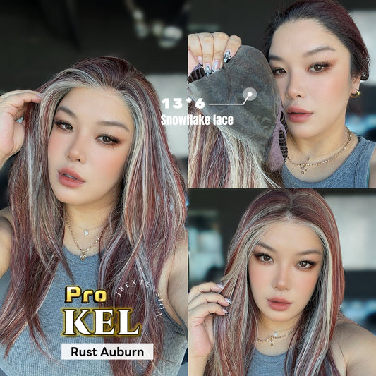 JBEXTENSION 22 Inches Rust Auburn Pre-Cut 13X6 Free Part Snowflake Lace Frontlace Glueless Wig KEL PRO - RUST AUBURN【BENDY EAR TABS】
