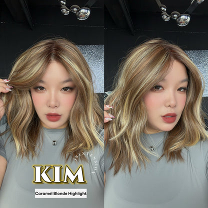 JBEXTENSION KIM MONO Full Monofilament Handmade Full Lace Full Hand Tied Wig 17 Inches Caramel Blonde Highlight Mono Lace Handmade Futura Fiber Wig with Anti-slip Silicone Strips Glueless Wig KIM MONO - CARAMEL BLONDE HIGHLIGHT【BENDY EAR TABS】