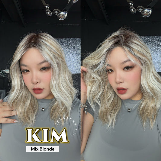 JBEXTENSION KIM MONO Full Monofilament Handmade Full Lace Full Hand Tied Wig 17 Inches Mix Blonde Mono Lace Handmade Futura Fiber Wig with Anti-slip Silicone Strips Glueless Wig KIM MONO - MIX BLONDE【BENDY EAR TABS】