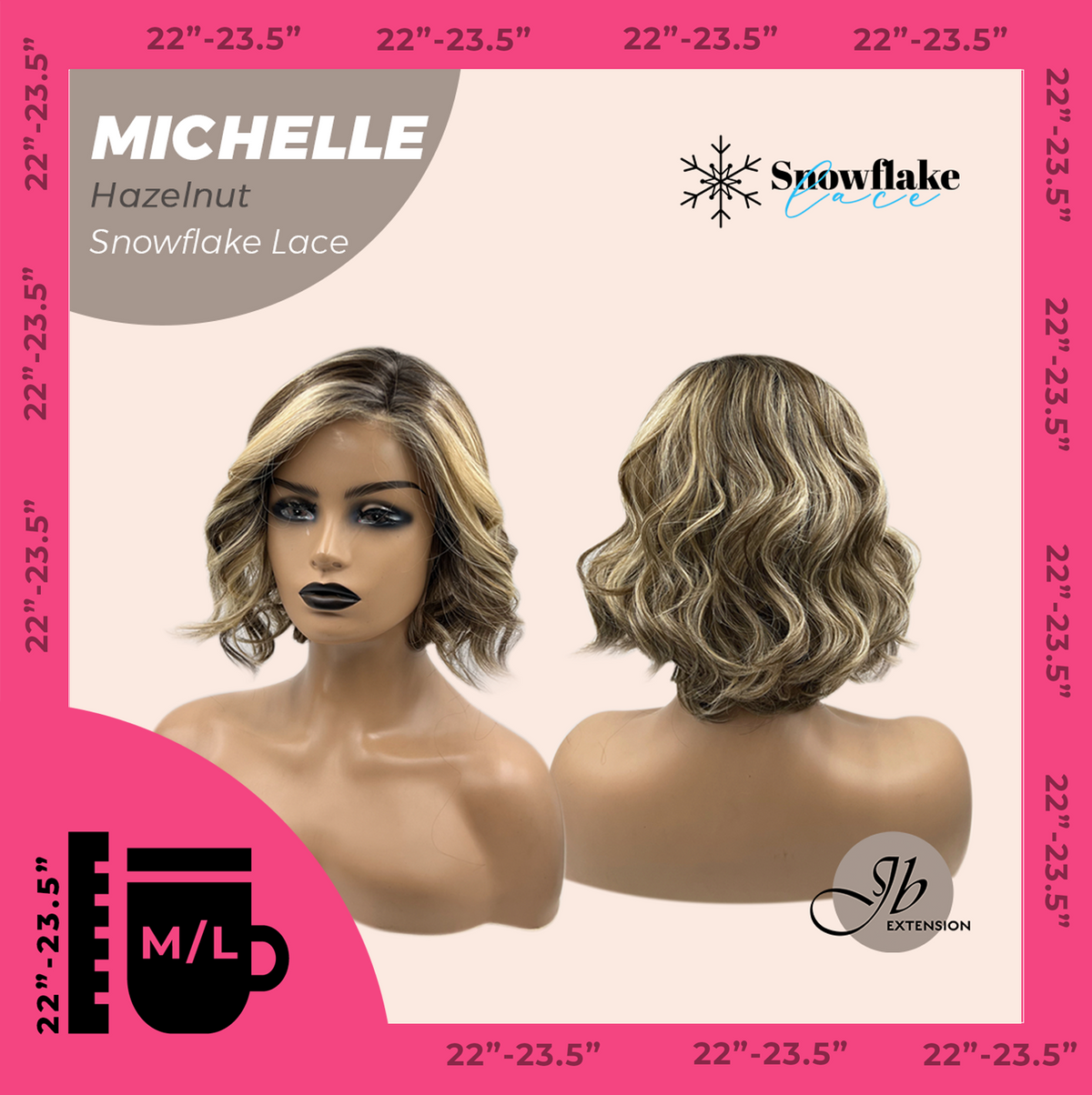 JBEXTENSION 10 Inches Hazelnut Blonde Highlight Pre-Cut Side Part Snowflake Lace Frontlace Glueless Wig MICHELLE HAZELNUT【BENDY EAR TABS】- M/L