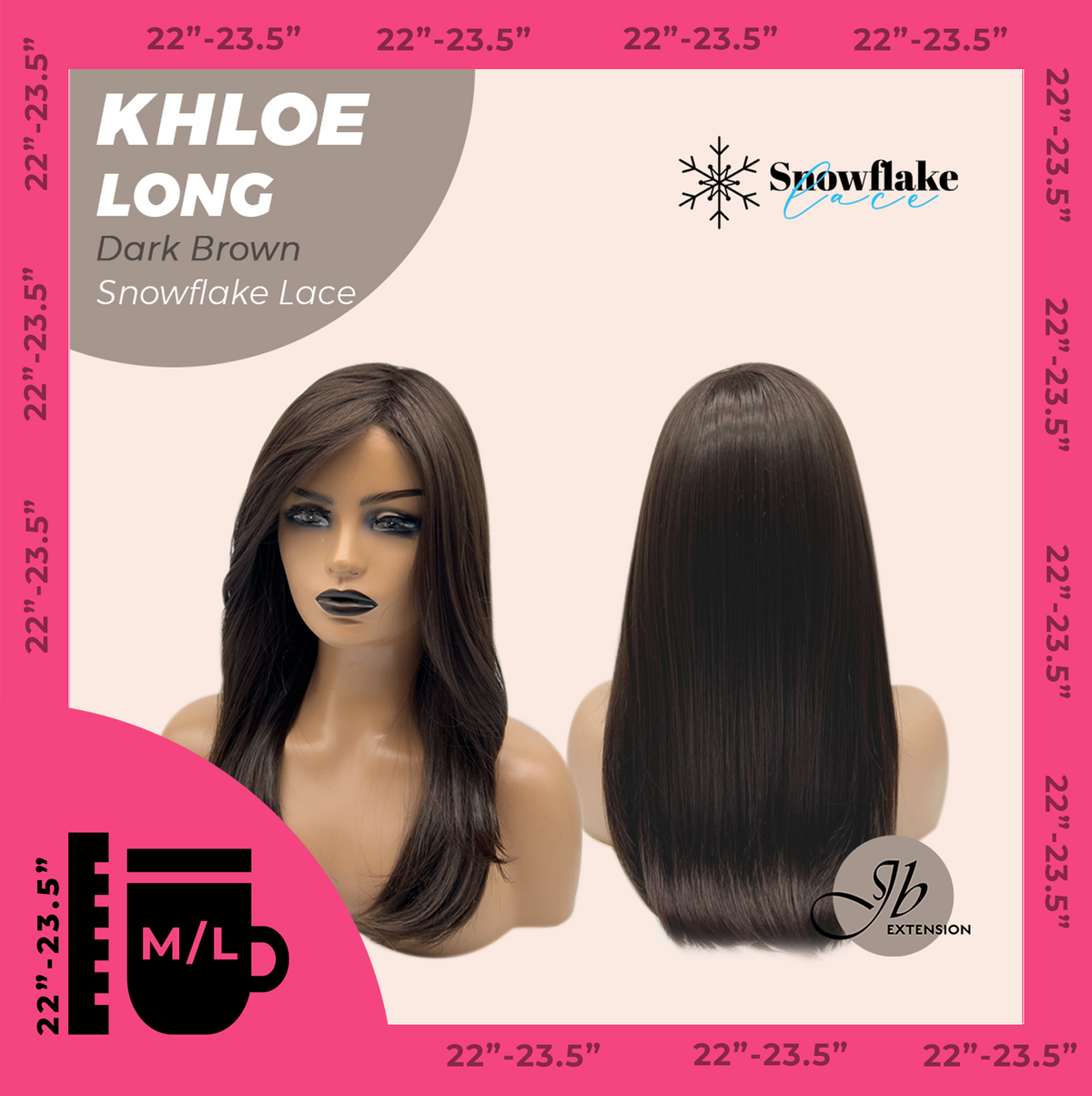 JBEXTENSION 18 Inches Dark Brown Pre-Cut Snowflake Lace Frontlace Glueless Wig KHLOE LONG DARK BROWN【PERMATEASE】【BENDY EAR TABS】- M/L