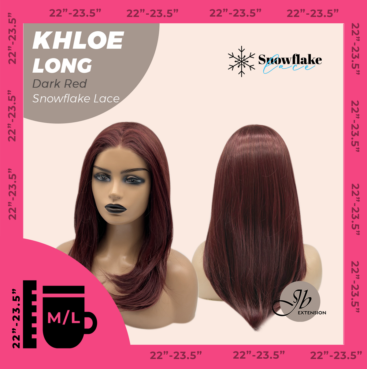 JBEXTENSION 18 Inches Dark Red Pre-Cut Snowflake Lace Frontlace Glueless Wig KHLOE LONG DARK RED【PERMATEASE】【BENDY EAR TABS】- M/L