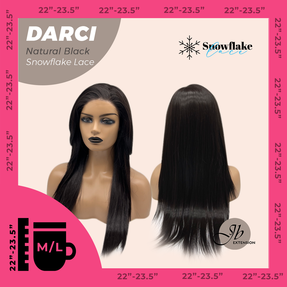 JBEXTENSION 25 Inches Natural Black Pre-Cut Snowflake Lace Frontlace Glueless Wig DARCI NATURAL BLACK【PERMATEASE】【BENDY EAR TABS】- M/L