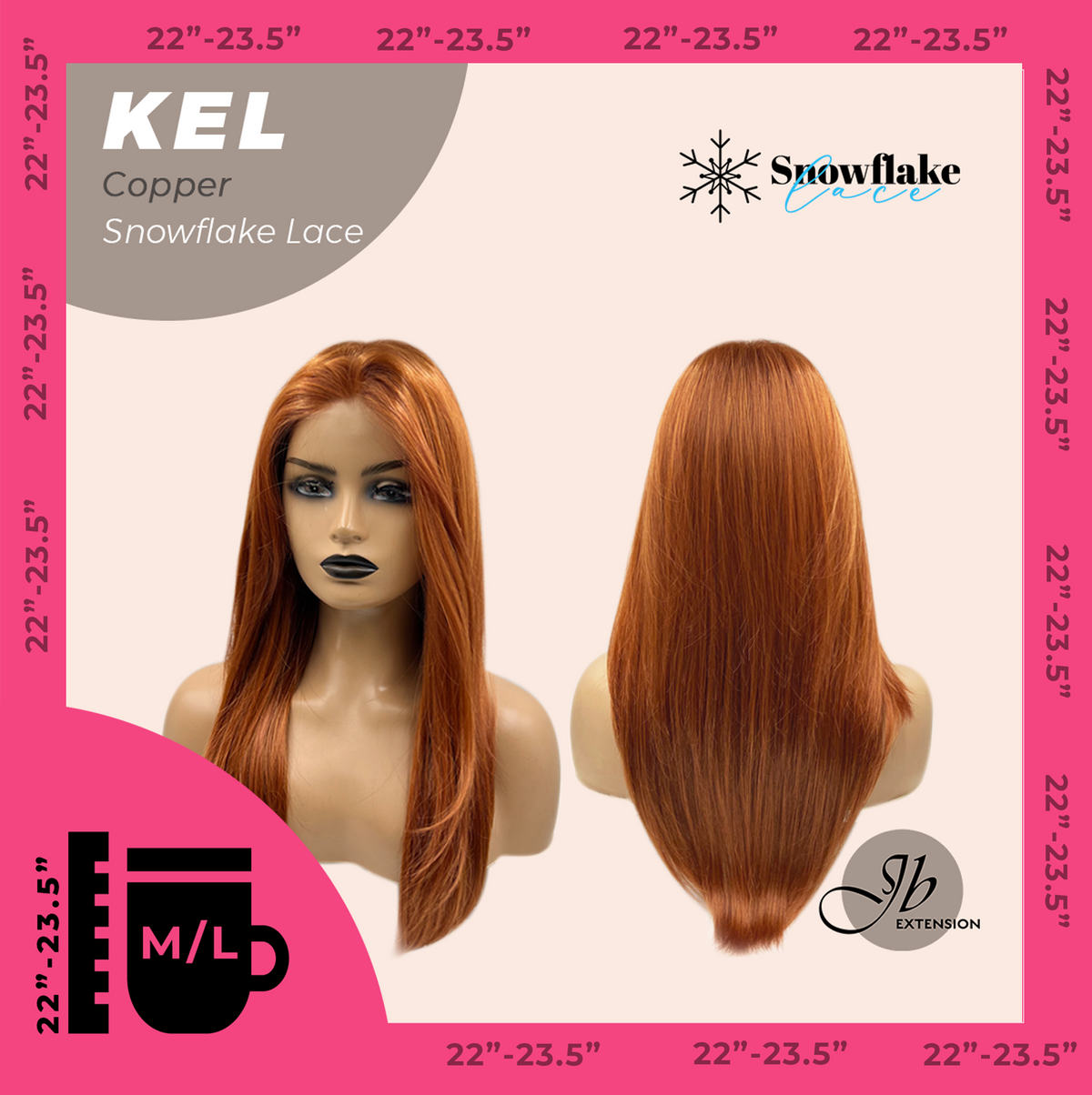 JBEXTENSION 22 Inches Copper Pre-Cut Snowflake Lace Frontlace Glueless Wig KEL COPPER【PERMATEASE】【BENDY EAR TABS】- M/L