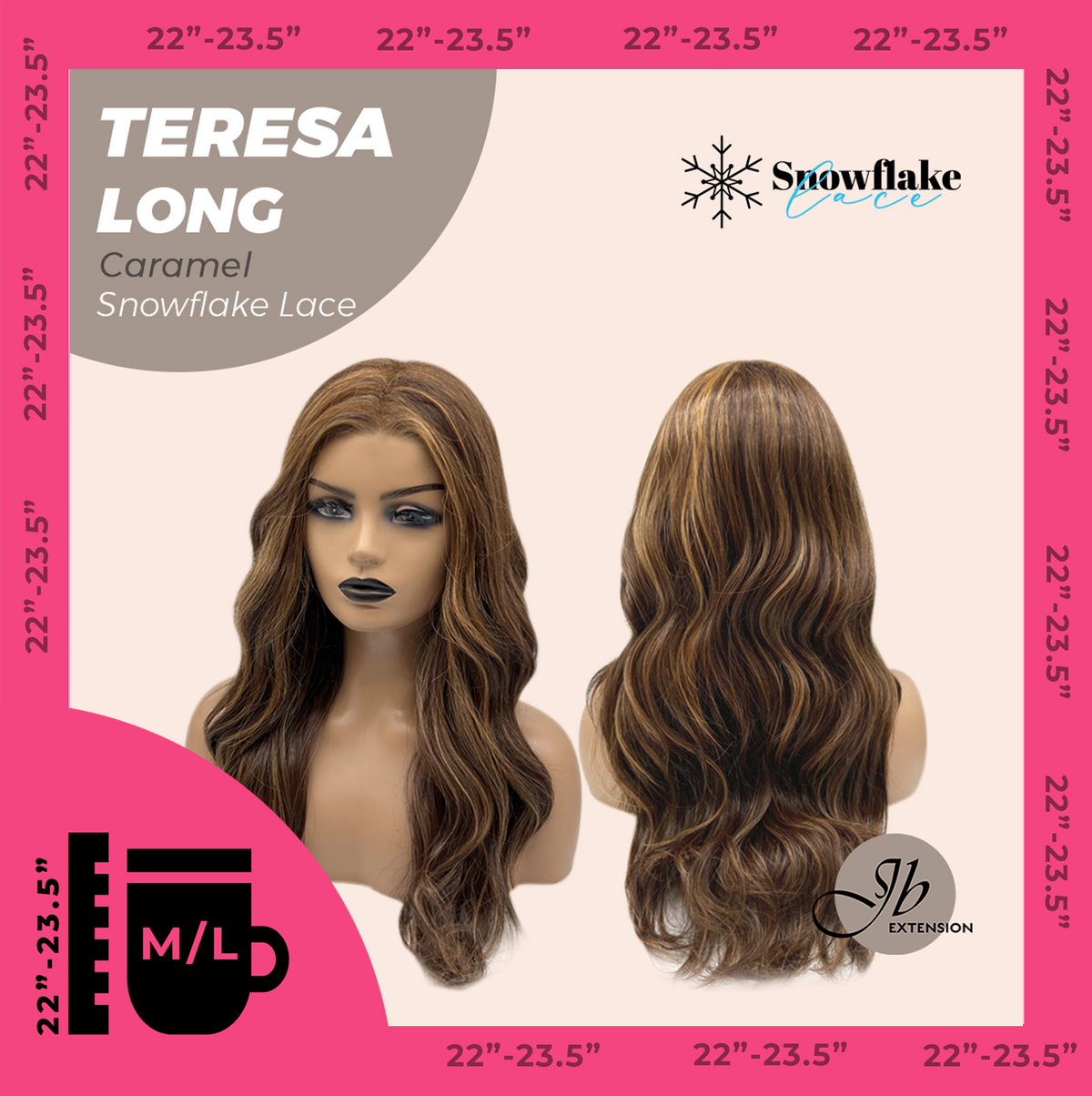 JBEXTENSION 22 Inches Long Caramel Pre-Cut Snowflake Lace Frontlace Glueless Wig TERESA LONG CARAMEL【PERMATEASE】【BENDY EAR TABS】- M/L
