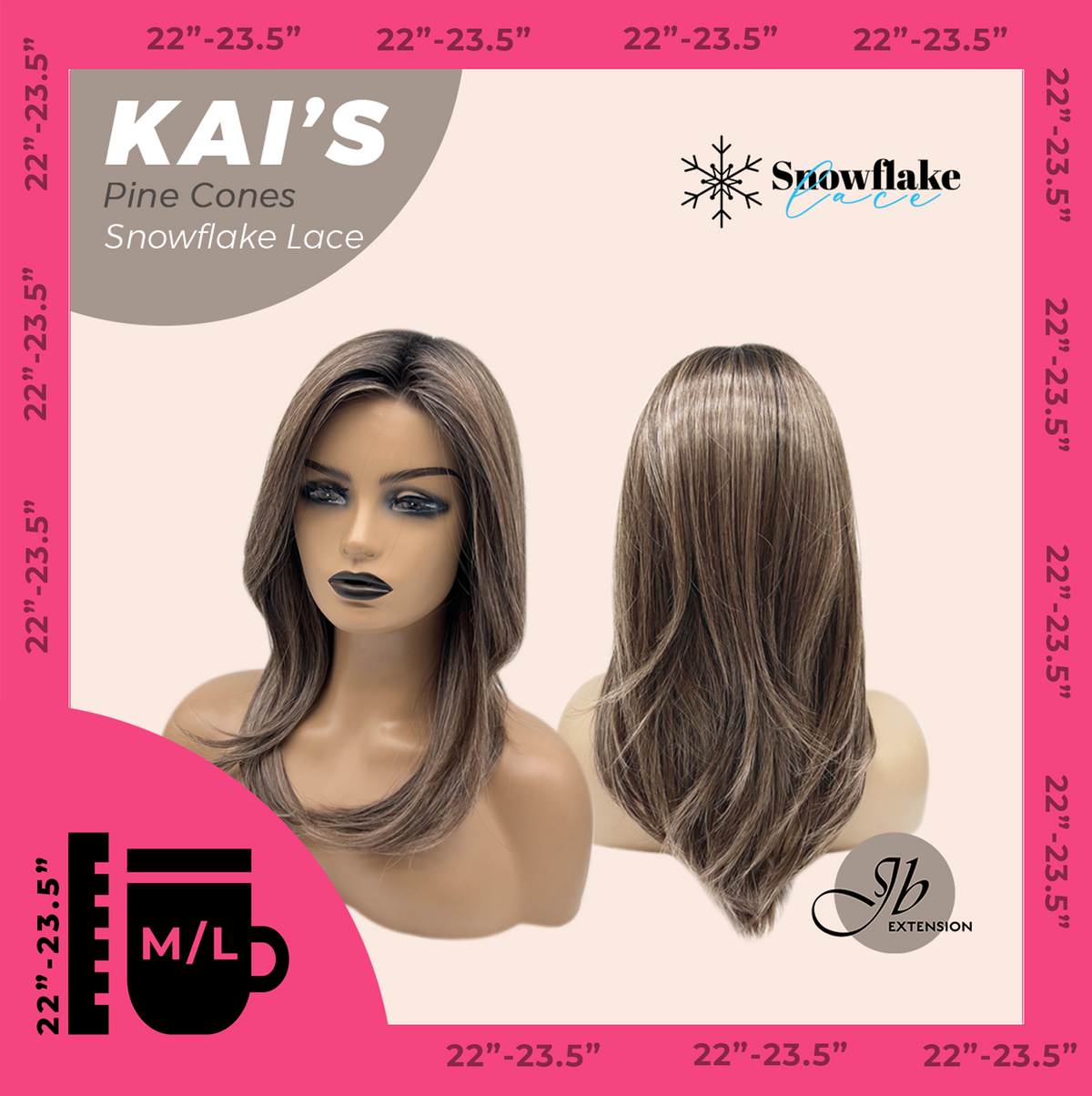 JBEXTENSION 18 Inches Pine Cones Pre-Cut Snowflake Lace Frontlace Glueless Wig KAI'S PINE CONES【PERMATEASE】【BENDY EAR TABS】- M/L