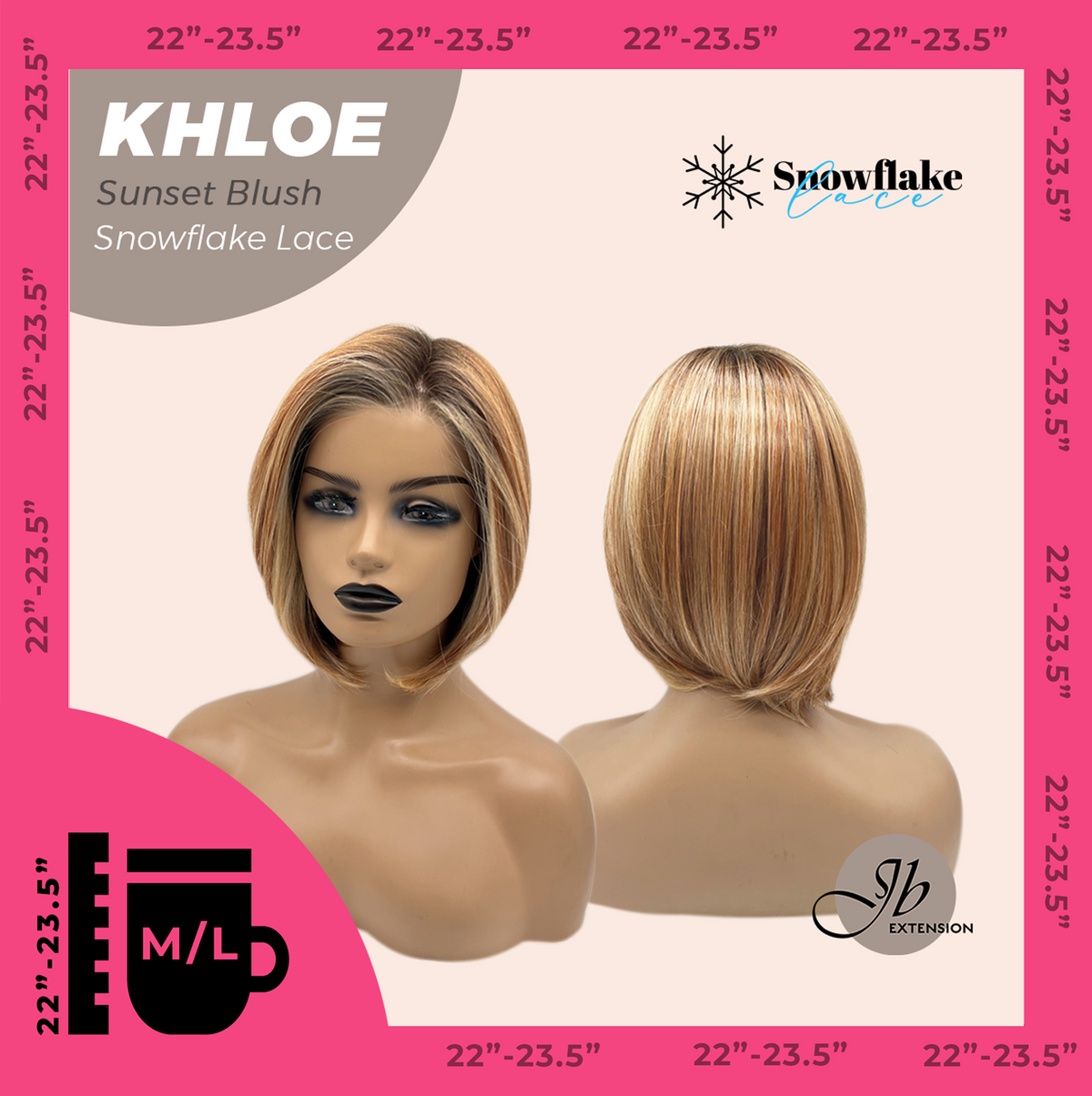 JBEXTENSION 12 Inches Bob Cut Sunset Blush Pre-Cut Snowflake Lace Frontlace Glueless Wig KHLOE SUNSET BLUSH【PERMATEASE】【BENDY EAR TABS】- M/L