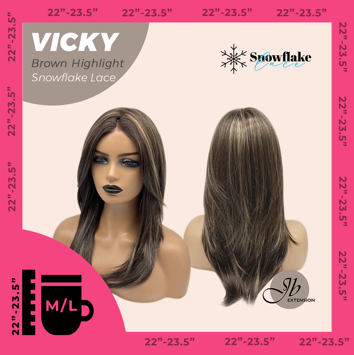 [FINAL SALE] JBEXTENSION 20 Inches Dark Brown with Highlight Pre-Cut Snowflake Lace Frontlace Glueless Wig VICKY BROWN HIGHLIGHT【PERMATEASE】【BENDY EAR TABS】- M/L