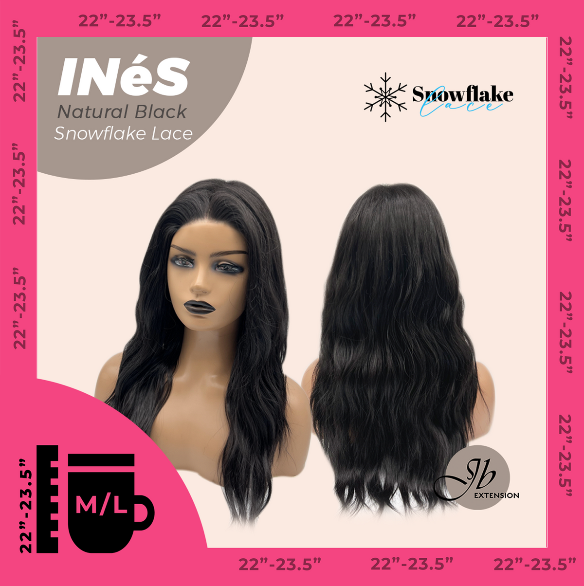 JBEXTENSION 22 Inches Natural Black Pre-Cut Snowflake Lace Frontlace Glueless Wig INéS NATURAL BLACK【PERMATEASE】【BENDY EAR TABS】- M/L