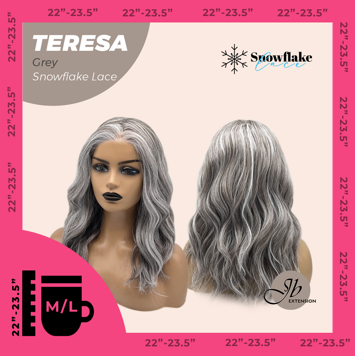 JBEXTENSION 18 Inches Grey Pre-Cut Snowflake Lace Frontlace Glueless Wig TERESA GREY【PERMATEASE】【BENDY EAR TABS】- M/L