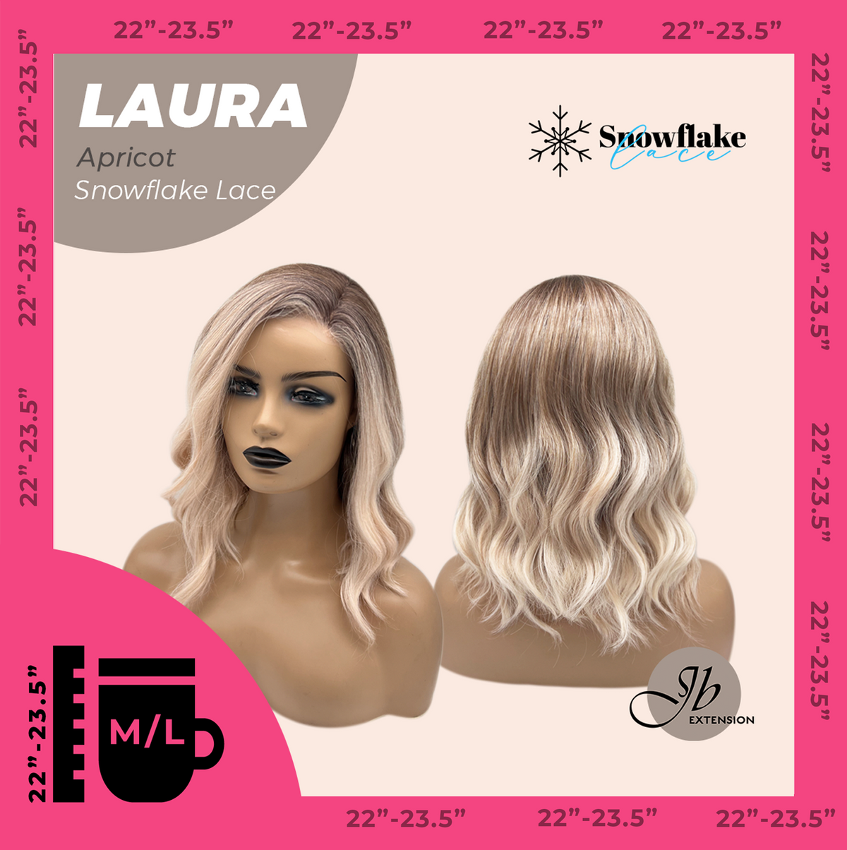 JBEXTENSION 14 Inches Apricot Pre-Cut Side Part Snowflake Lace Frontlace Glueless Wig LAURA SNOWFLAKE APRICOT【BENDY EAR TABS】- M/L